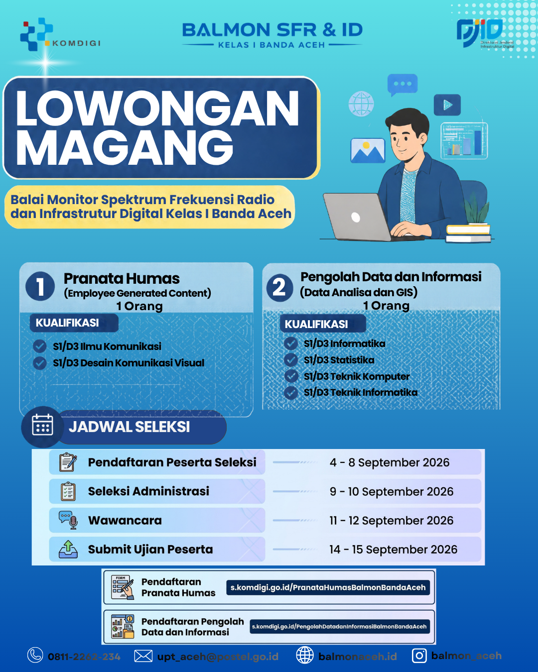 Balai Monitor Spektrum Frekuensi Radio dan Infrastruktur Digital Kelas I Banda Aceh membuka Program Magang Kementerian Ketenagakerjaan (Kemnaker) Tahun 2026. slide 1 magang (1)
